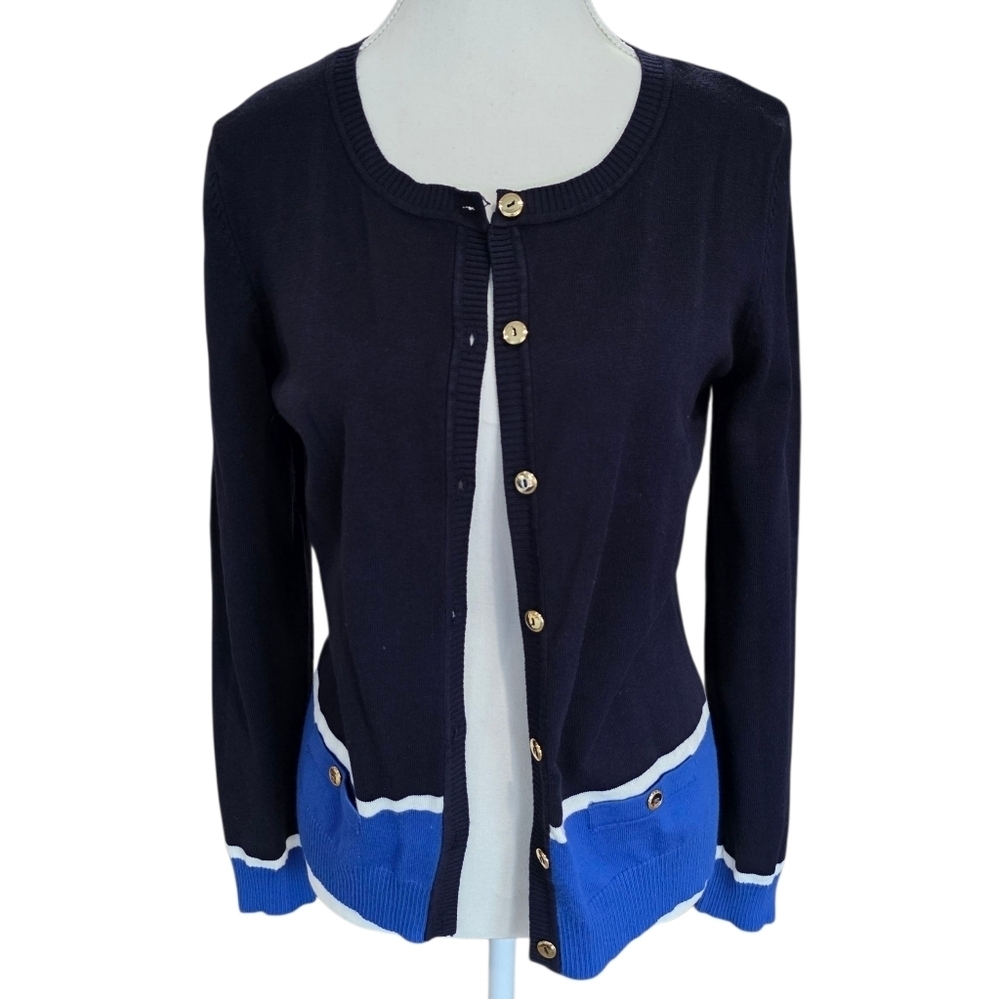 Karen Scott Navy Button Sweater Cardigan With Gold Accents Size Small - Picture 2 of 6